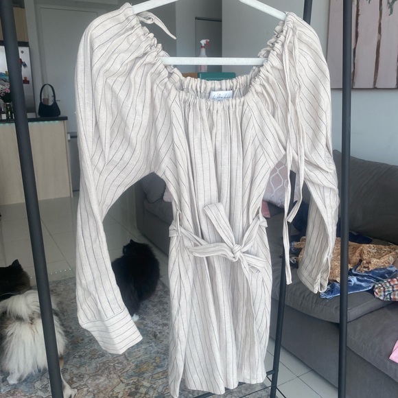 L'Academie The Celine Mini Dress in Beige & Navy Stripe - Picture 4 of 7